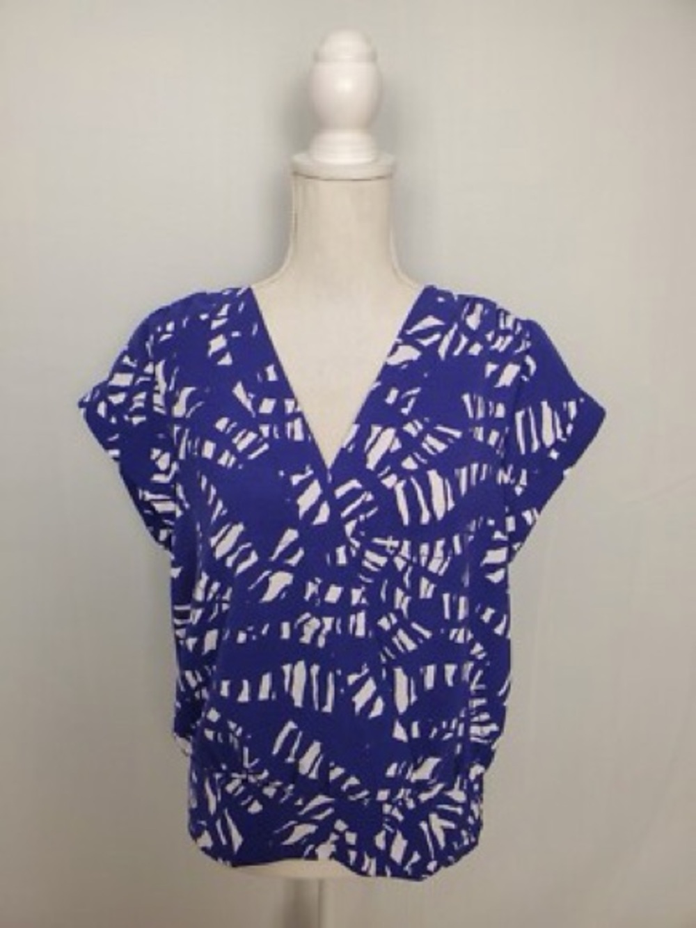 Nine West Blue and White Abstract V-Neck Blouse
